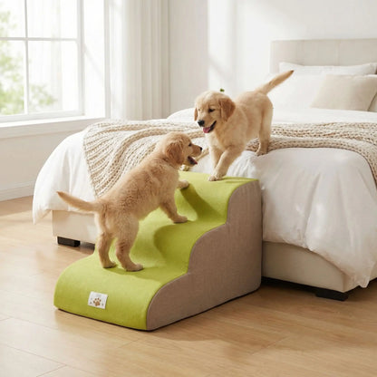 Escalier pour chien chiot antidérapant, déhoussable lavable en machine avec mousse haute résilience à mémoire de forme pour protèger les articulations sensibles, sécurisé , confortable, résistant aux griffes pour petit et chien de moyenne taille-design velours sur le dessus ultra-doux et tissu en coton solide-udeux chiot qui utiilsent le modèle 3 marches pour monter ou descendre du lit de leur maitre dans la chambre de l'appartement