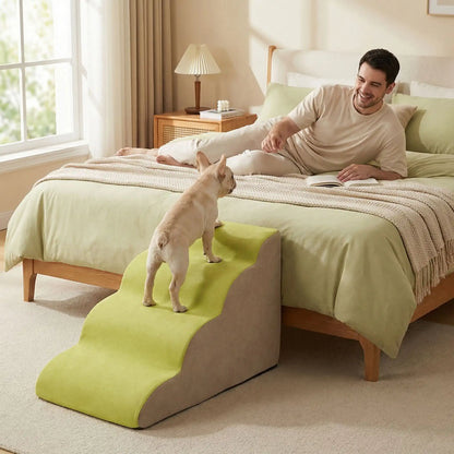 Escalier pour chien chiot antidérapant, déhoussable lavable en machine avec mousse haute résilience à mémoire de forme pour protèger les articulations sensibles, sécurisé , confortable, résistant aux griffes pour petit et chien de moyenne taille-design velours sur le dessus ultra-doux et tissu en coton solide-un petit chien qui utiilse le modèle 4 marches de couleur vert pour rejoindre en toute sécurité son maitre  couché sur le lit de la chambre de la maison
