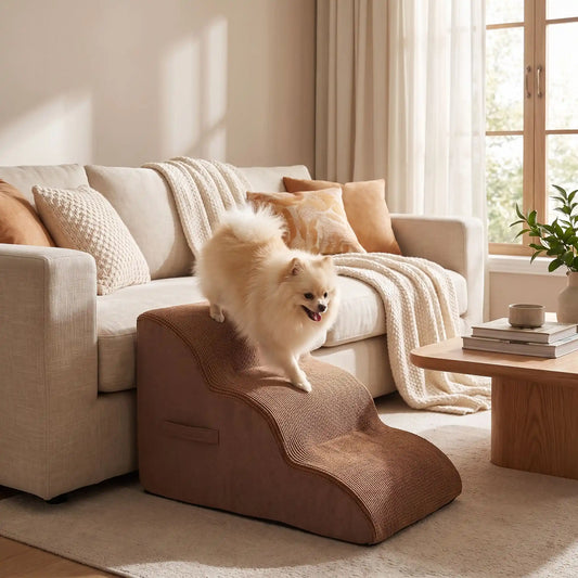 Escaliers pour chien-chiot-en mousse, antidérapant, déhoussable lavable en machine avec mousse haute résilience à mémoire de forme pour protèger les articulations sensibles, sécurisé , confortable, résistant aux griffes pour petit et chien de moyenne taille, disponible en 2 modèles 2 marches et 3 marches-un chien de race naine qui descend  confortablement du canapé et de manière indépendante, sans aide; sur le canapé grâce à l'escalier de 3 marches en mousse marron dans le salon de la maison
