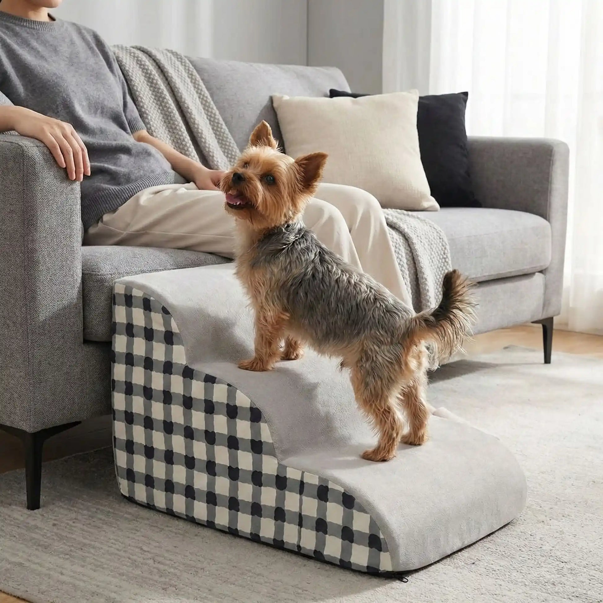 Escaliers-pour_chien-chiot-antidérapant, déhoussable lavable en machine avec mousse haute résilience à mémoire de forme pour protèger les articulations sensibles, sécurisé , confortable, résistant aux griffes pour petit et chien de moyenne taille-design velours sur le dessus ultra-doux et tissu en coton solide, style damier noir et blanc-un Yorkshire qui monte confortablement sur l'escalier de 3 marches pour monter sur le canapé en toute sécurité et rejoindre son maitre assis qui l'attend sur le canapé
