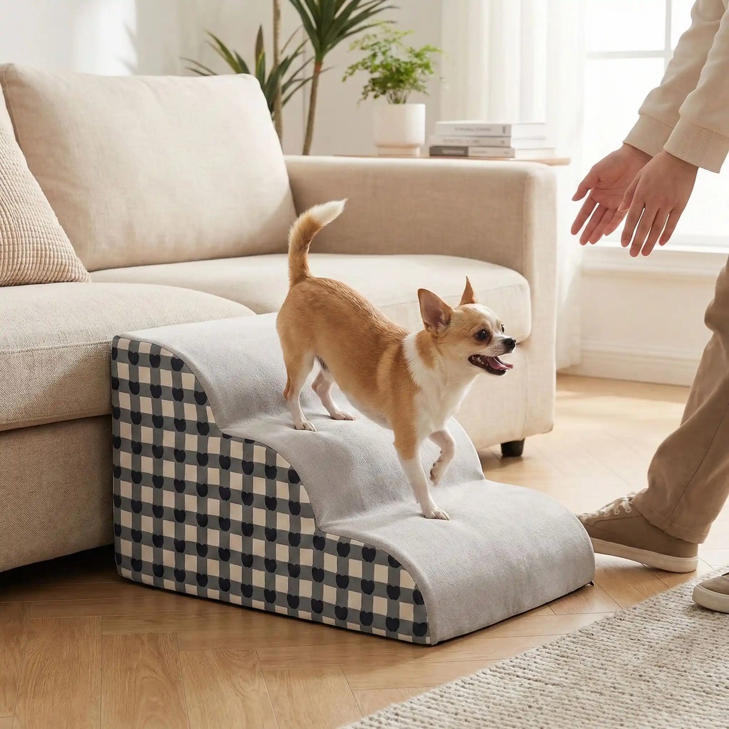 Escaliers-pour_chien-chiot-antidérapant, déhoussable lavable en machine avec mousse haute résilience à mémoire de forme pour protèger les articulations sensibles, sécurisé , confortable, résistant aux griffes pour petit et chien de moyenne taille-design velours sur le dessus ultra-doux et tissu en coton solide, style damier noir et blanc-un chihuahua qui descend facilement sur l'escalier de 3 marches pour descendre du canapé en toute sécurité epour faire la fête à son maitre qui vient de rentrer à la maison
