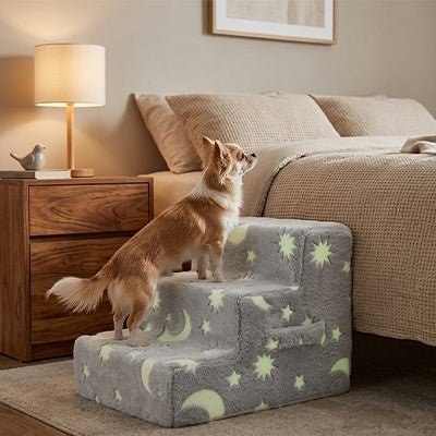 Escaliers-pour-chiens- chiot -en mousse antidérapant, déhoussable lavable en machine avec mousse haute résilience à mémoire de forme pour protèger les articulations sensibles, sécurisé , confortable, résistant aux griffes pour petit et chien de moyenne taille-housse en velours ultra-doux avec motif étoiles et lunes phosphorescent -un petit chien qui monte sur l'escalier de 3 hautes marches en mousse avec ses motifs phosphorescente qui brille en douceur pour rejoindre en toute sécurité le lit de ses maitres 