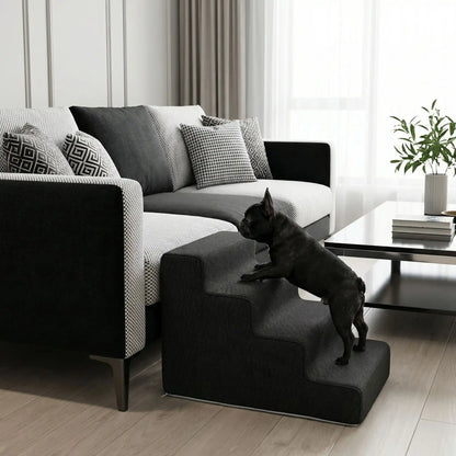 Escaliers pour chiens et chiot antidérapant, déhoussable lavable en machine avec mousse haute résilience à mémoire de forme pour protèger les articulations sensibles, sécurisé , confortable, résistant aux griffes pour petit et chien de moyenne taille-design velours sur le dessus ultra-doux et tissu en coton solide-un bouledogue français qui monte sur l'escalier de 4 marches en mousse pour rejoindre en toute sécurité le canapé du salon de la maison