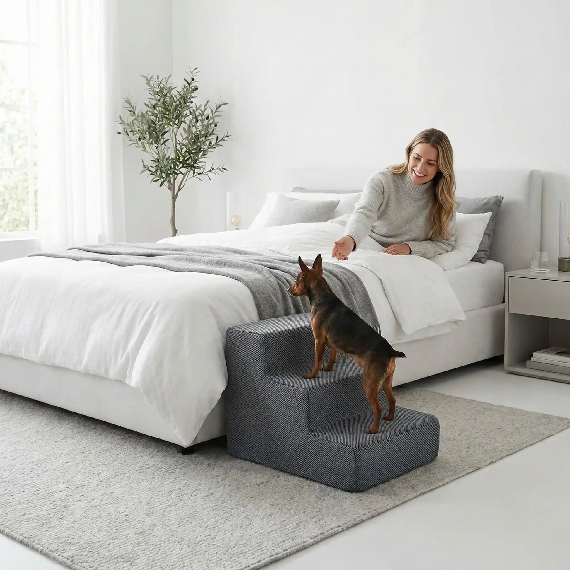 Escaliers pour chien et chiot antidérapant, déhoussable lavable en machine avec mousse haute résilience à mémoire de forme pour protèger les articulations sensibles, sécurisé , confortable, résistant aux griffes pour petit et chien de moyenne taille-design velours sur le dessus ultra-doux et tissu en coton solide-un chien de race naine et paytes courtes qui monte sur l'escalier de 3 marches en mousse pour rejoindre en toute sécurité sa maitresse qui l'appelle couché dans son lit