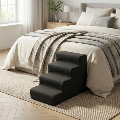 Escaliers pour chien et chiot antidérapant, déhoussable lavable en machine avec mousse haute résilience à mémoire de forme pour protèger les articulations sensibles, sécurisé , confortable, résistant aux griffes pour petit et chien de moyenne taille-design velours sur le dessus ultra-doux et tissu en coton solide-modèle de couleur noir et de 4 marches pour un accès facile pour le chien dans toute la maison