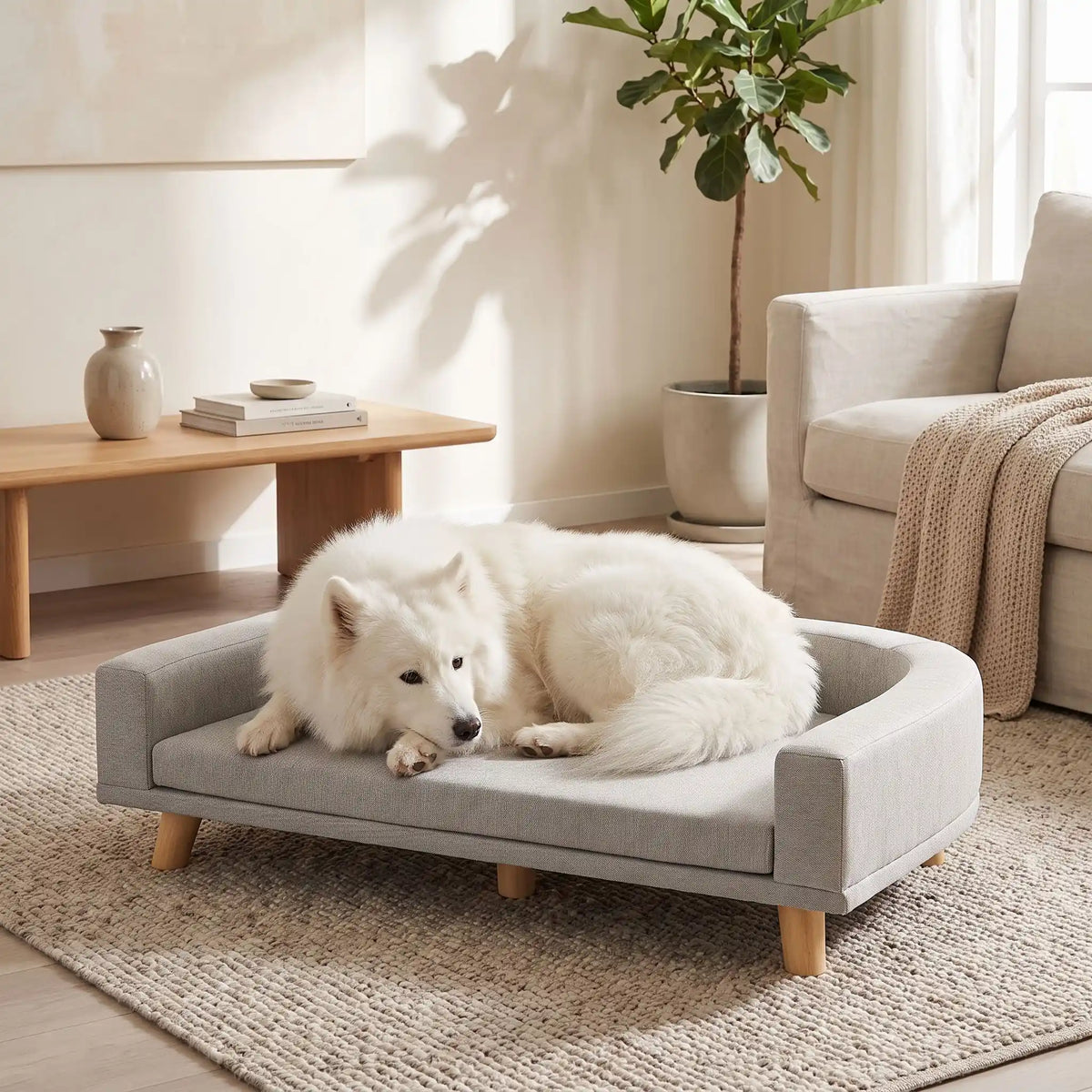 Fauteuil-pour-chien-design-bois-massif-velours, coussin amovible déhoussable et lavable, matelas orthopédique à mémoire de forme en éponge coton haute densité d'épaisseur de 4 cm, structure robuste en bois massif au design moderne et lignes arrondies et épurées avec dossier et acoudoirs enveloppants de couleur gris et pieds en bois naturel, style scandinave pour chiot et chien de petite à moyenne taille- un chien de taille moyenne couché en boule niché dans son canapé sur pied design dans le salon