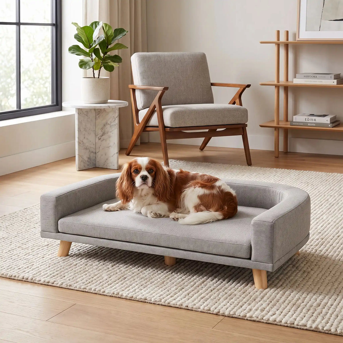 Fauteuil-pour-chien-design-bois-massif-velours, coussin amovible déhoussable et lavable, matelas orthopédique à mémoire de forme en éponge coton haute densité d'épaisseur de 4 cm, structure robuste en bois massif au design moderne et lignes arrondies et épurées avec dossier et acoudoirs enveloppants de couleur gris et pieds en bois naturel, style scandinave pour chiot et chien de petite à moyenne taille- un chien moyen couché  confortablement dans le fauteuil avec matelas orthopédique dans le salon design