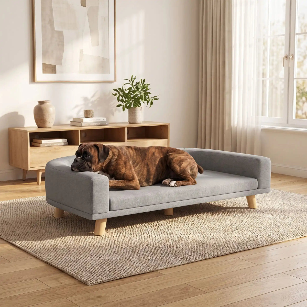 Fauteuil-pour-chien-design-bois-massif-velours, coussin amovible déhoussable et lavable, matelas orthopédique à mémoire de forme en éponge coton haute densité d'épaisseur de 4 cm, structure robuste en bois massif au design moderne et lignes arrondies et épurées avec dossier et acoudoirs enveloppants de couleur gris et pieds en bois naturel, style scandinave pour chiot et chien de petite à moyenne taille- un chien moyen couché confortablement sa tête adossée sur l'accoudoir du fauteuil design en bois massif