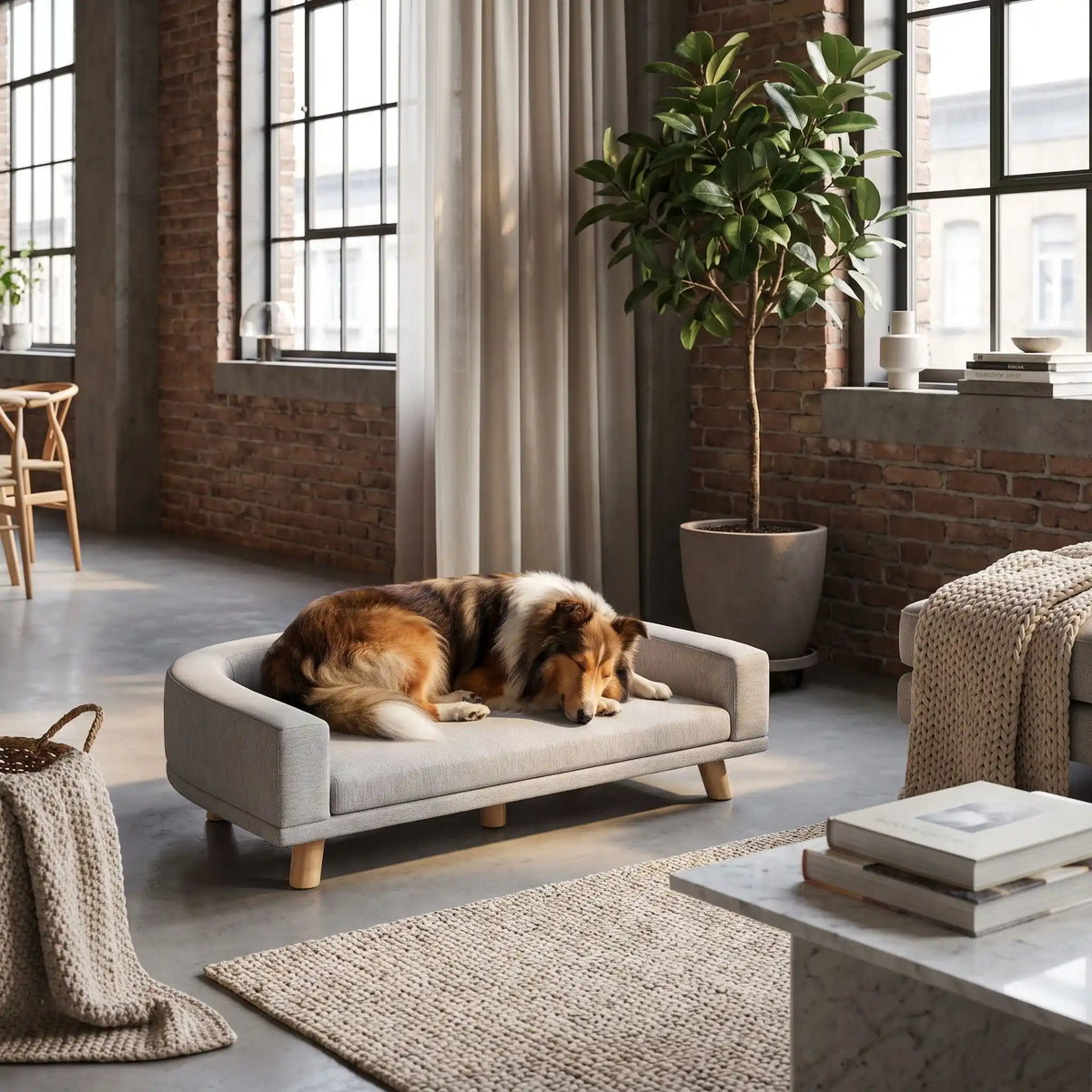 Fauteuil-pour-chien-design-bois-massif-velours, coussin amovible déhoussable et lavable, matelas orthopédique à mémoire de forme en éponge coton haute densité d'épaisseur de 4 cm, structure robuste en bois massif au design moderne et lignes arrondies et épurées avec dossier et acoudoirs enveloppants de couleur gris et pieds en bois naturel, style scandinave pour chiot et chien de petite à moyenne taille- un chien de race moyenne qui dort paisiblement niché dans son canapé surélévé dans le loft
