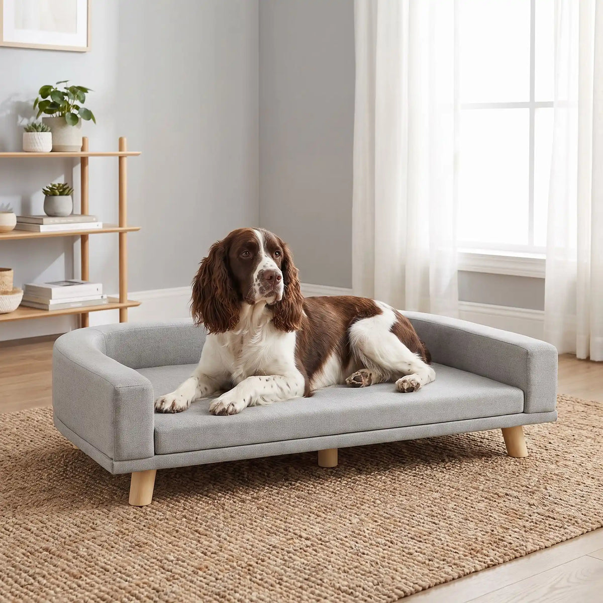 Fauteuil-pour-chien-design-bois-massif-velours, coussin amovible déhoussable et lavable, matelas orthopédique à mémoire de forme en éponge coton haute densité d'épaisseur de 4 cm, structure robuste en bois massif au design moderne et lignes arrondies et épurées avec dossier et acoudoirs enveloppants de couleur gris et pieds en bois naturel, style scandinave pour chiot et chien de petite à moyenne taille- un chien moyen couché confortablement sur son canapé design gris surélevé sur pieds en bois naturel