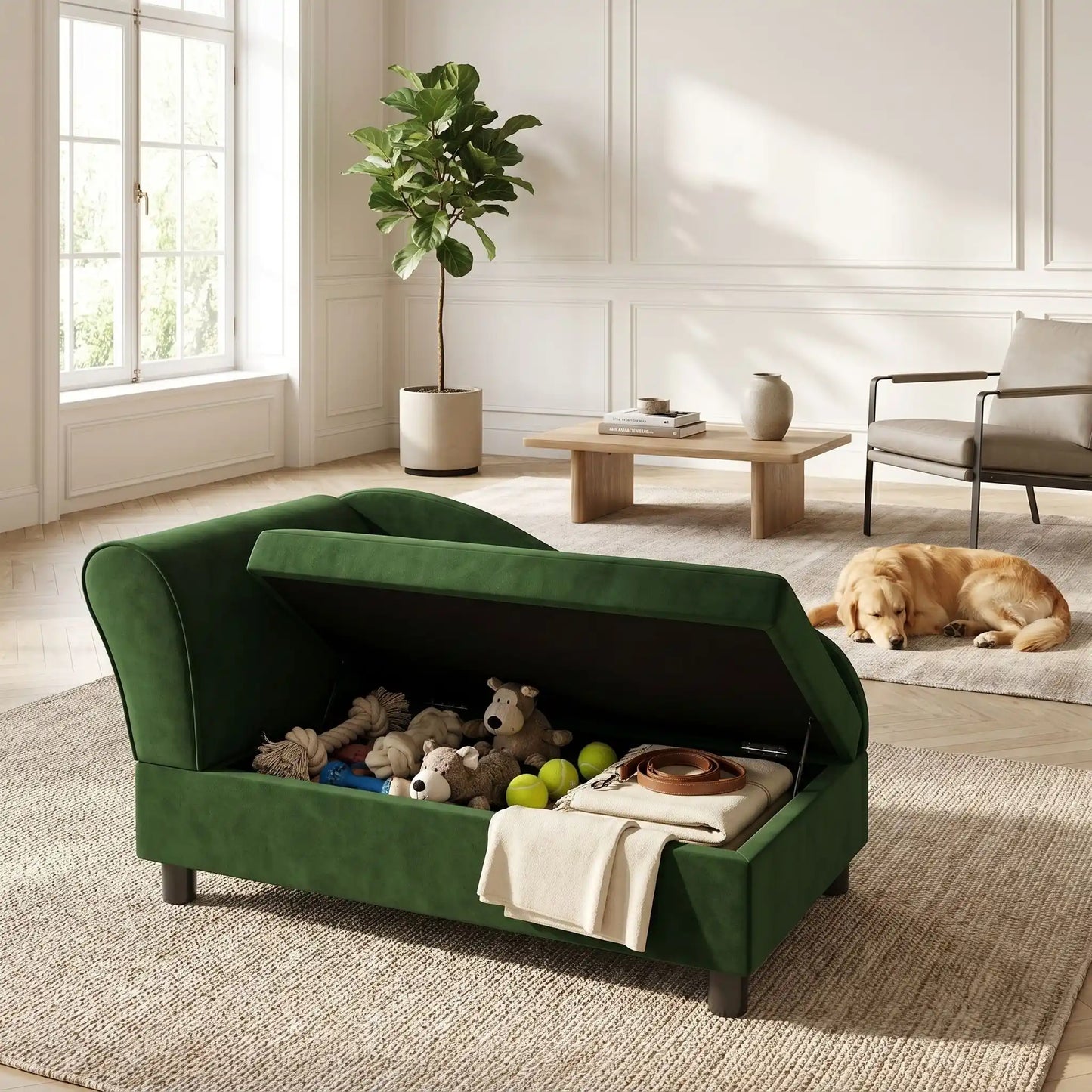 Fauteuil-pour-petit-chien-avec-coffre-de-rangement sous l'assise, canapé lit rectangulaire avec matelas en éponge haute résilience déhoussable et lavable en machine pour chien de petite taille en bois d'eucalyptus et housse en velours et nylon ultra doux mais résistant aux griffes- gros plan sur le fauteuil avec méridienne pour chiot et petit chien avec le coffre de rangement ouvert où sont rangés les jouets et acccessoires pour chien rangés de façon propre et organisé dans le salon de l'appartement 