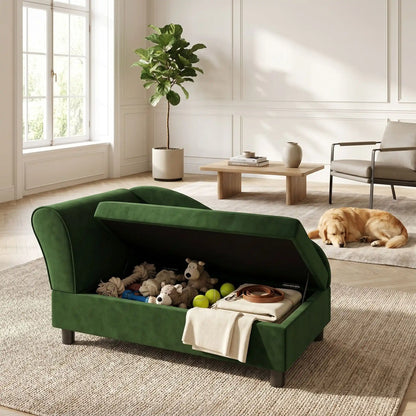 Fauteuil-pour-petit-chien-avec-coffre-de-rangement sous l'assise, canapé lit rectangulaire avec matelas en éponge haute résilience déhoussable et lavable en machine pour chien de petite taille en bois d'eucalyptus et housse en velours et nylon ultra doux mais résistant aux griffes- gros plan sur le fauteuil avec méridienne pour chiot et petit chien avec le coffre de rangement ouvert où sont rangés les jouets et acccessoires pour chien rangés de façon propre et organisé dans le salon de l'appartement 