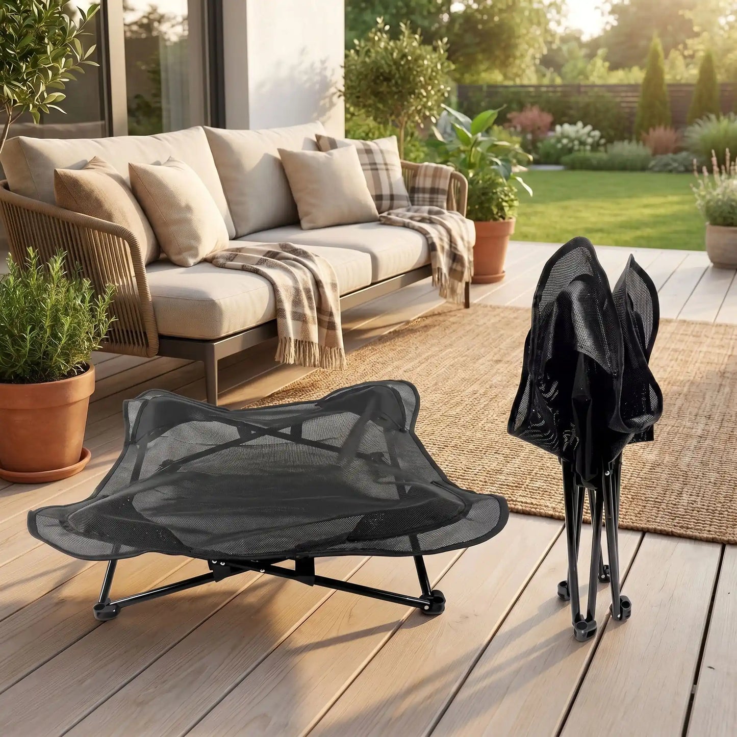Fauteuil-pour-petit-chien-camping-chaise pour chien beige ou noir, lit de camp carré avec tissu déhoussable imperméable et lavable, en maille respirante pour un lit rafraichissant en été structure en acier inoxydable solide et pliant pour une utilisation partout en intérieur et extérieur pour chiot et chien de petite race de 0 à 5 kilos- gros plan sur la chaise d'été en toile imperméable et pieds surélevés en inox pour chien de couleur noir dépliée et pliée pour un rangement compact sur la terasse en été