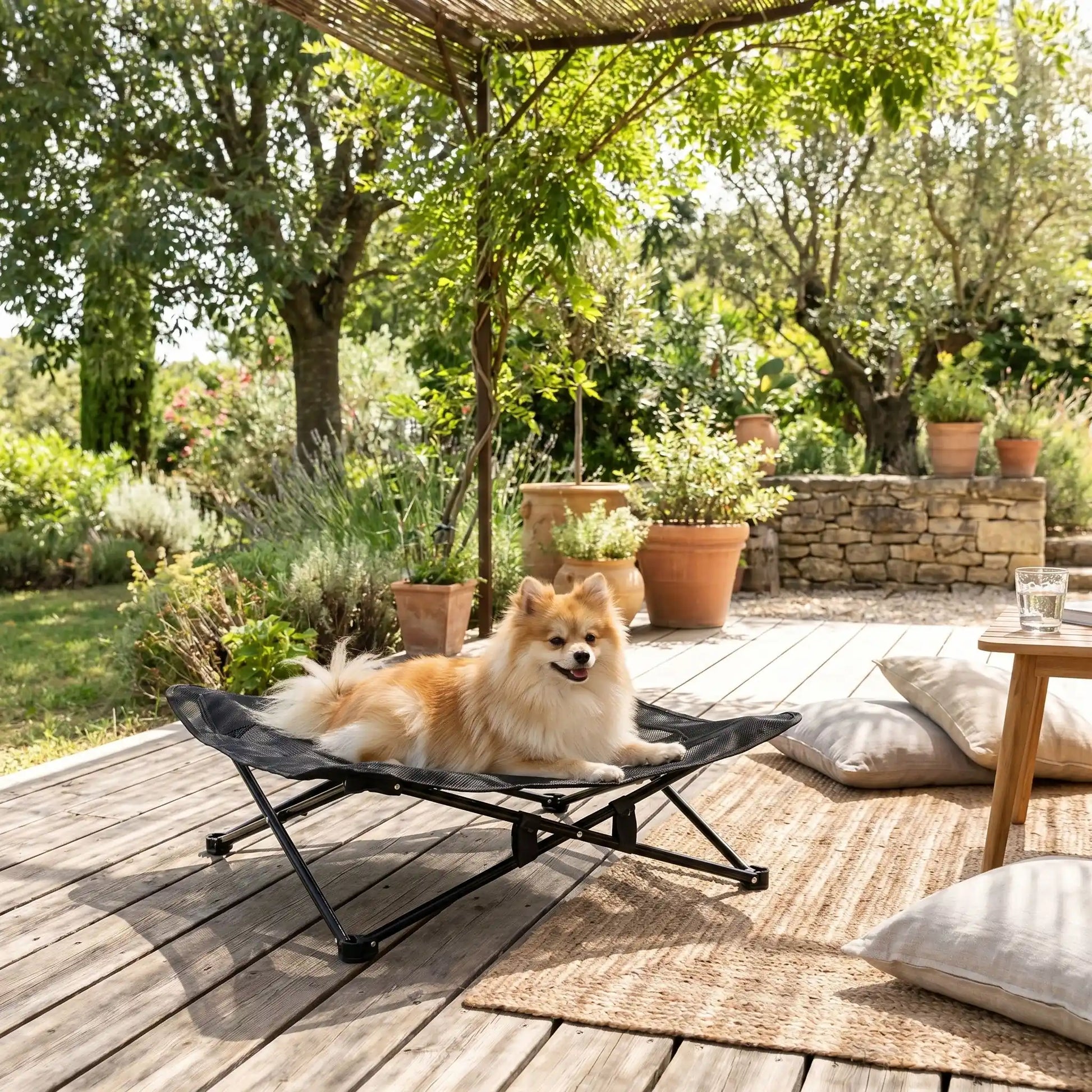 Fauteuil-pour-petit-chien-camping-chaise pour chien beige ou noir, lit de camp carré avec tissu déhoussable imperméable et lavable, en maille respirante pour un lit rafraichissant en été structure en acier inoxydable solide et pliant pour une utilisation partout en intérieur et extérieur pour chiot et chien de petite race de 0 à 5 kilos-un chien de race miniature à poils épais et long couché  au frais sur son lit surélevé sur la terrasse ombragée de la maison en été 