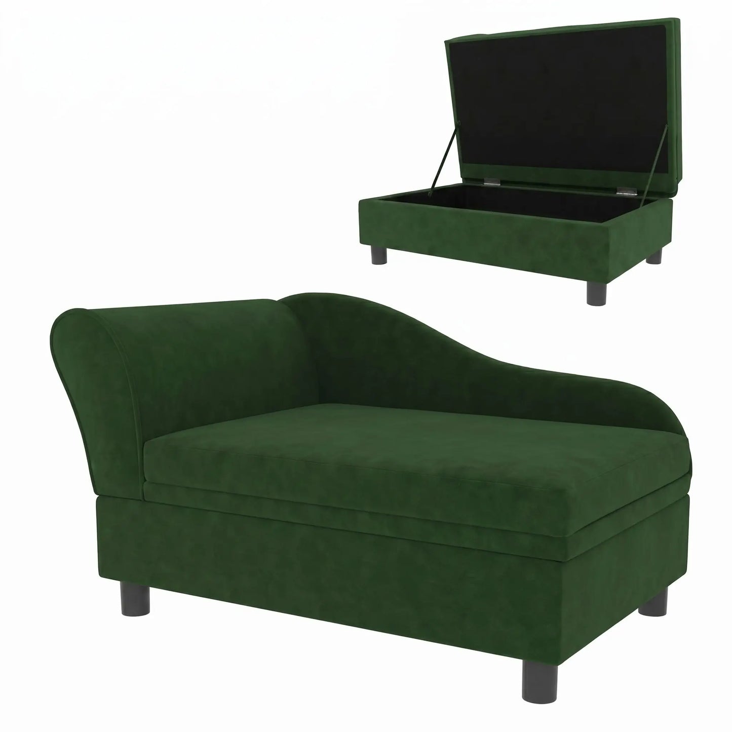 Fauteuil-pour-petit-chien-avec-coffre-de-rangement sous l'assise, canapé lit rectangulaire avec matelas en éponge haute résilience déhoussable et lavable en machine pour chien de petite taille en bois d'eucalyptus et housse en velours et nylon ultra doux mais résistant aux griffes- gros plan sur le fauteuil avec méridienne pour chiot et petit chien avec le coffre de rangement ouvert et en version coffre fermé du canapé au design moderne et chic