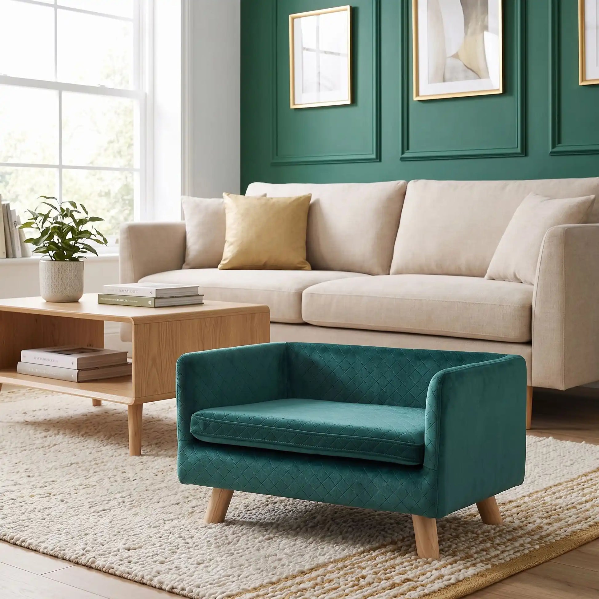 Fauteuil-pour-petit-chien-chiot-cocon- de petite taille de 0 à 8 kilos, structure en bois avec 4 pieds de bouleau robuste, dossier et accoudoir en U design nordique , 100 coton, toucher velours quadrillé pour un effet chic, matelas d'assise rectangulaire amovible en mousse 100% coton haute densité ergonomqiue déhoussable et lavable en machine, imperméable et résistant aux griffes-gros plan sur le petit fauteuil design de couleur bleu canard surélevé sur 4 pieds en bois de bouleau et housse en velours doux 