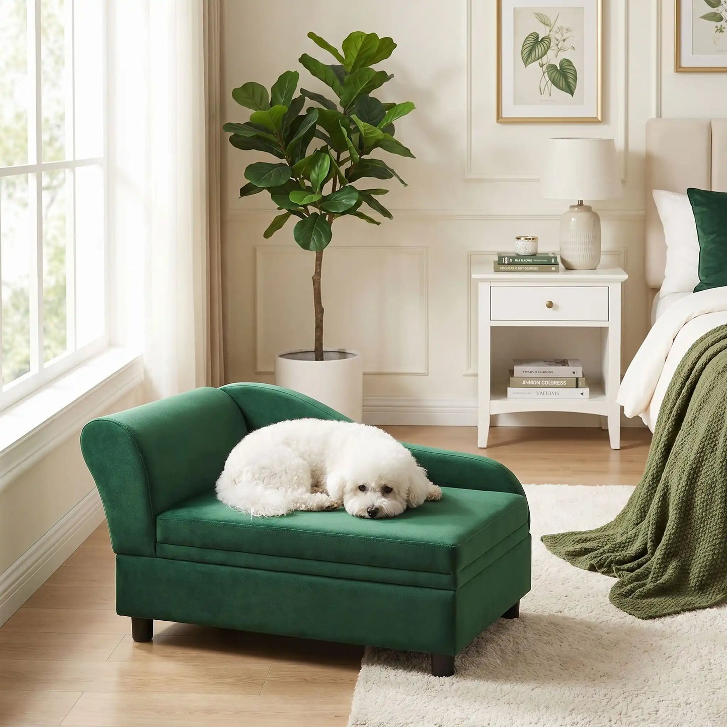 Fauteuil-pour-petit-chien-avec-coffre-de-rangement sous l'assise, canapé lit rectangulaire avec matelas en éponge haute résilience déhoussable et lavable en machine pour chien de petite taille en bois d'eucalyptus et housse en velours et nylon ultra doux mais résistant aux griffes- un petit chien blanc qui se repose confortablement sur le petit canapé lit avec dossier et coussin déhoussable en éponge épaisse en coton sur 4 pieds de couleur vert olive dans la chambre de l'appartement