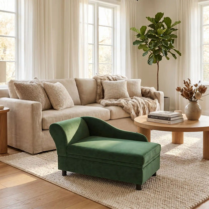 Fauteuil-pour-petit-chien-avec-coffre-de-rangement sous l'assise, canapé lit rectangulaire avec matelas en éponge haute résilience déhoussable et lavable en machine pour chien de petite taille en bois d'eucalyptus et housse en velours et nylon ultra doux mais résistant aux griffes- gros plan sur le fauteuil sur pied avec méridienne pour chiot et petit chien avec le coffre de rangement sous l'assise dans le salon de la maison
