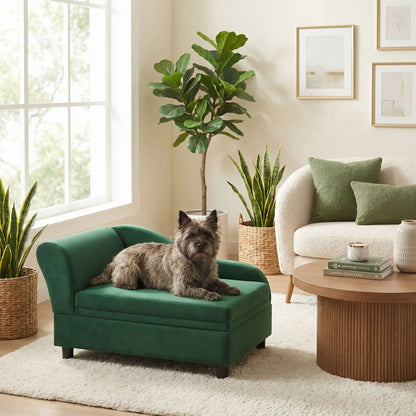 Fauteuil-pour-petit-chien-avec-coffre-de-rangement sous l'assise, canapé lit rectangulaire avec matelas en éponge haute résilience déhoussable et lavable en machine pour chien de petite taille en bois d'eucalyptus et housse en velours et nylon ultra doux mais résistant aux griffes- un chien de petite taille couché confortablement de tout son long sur le petit canapé lit avec dossier et coussin déhoussable en éponge épaisse en coton sur 4 pieds de couleur vert olive dans le salon de l'appartement