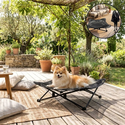 Fauteuil-pour-petit-chien-camping-chaise pour chien beige ou noir, lit de camp carré avec tissu déhoussable imperméable et lavable, en maille respirante pour un lit rafraichissant en été structure en acier inoxydable solide et pliant pour une utilisation partout en intérieur et extérieur pour chiot et chien de petite race de 0 à 5 kilos-un Loulou de poméranie à poils épais et long couché  au frais sur son lit surélevé sur la terrasse ombragée de la maison de vacances en été 