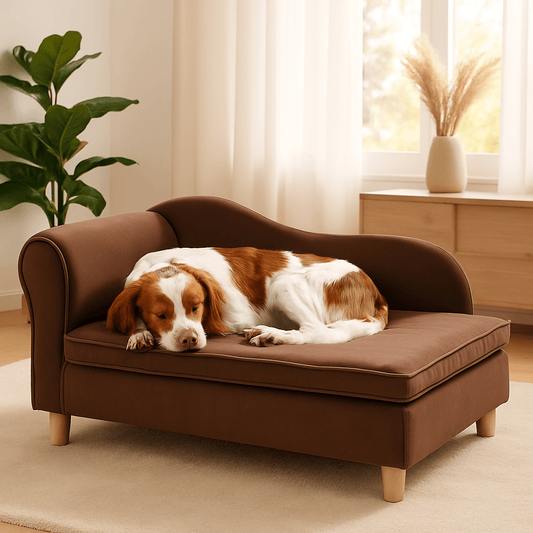 Fauteuils-pour-chiens-chiot-un chien moyen qui dort paisiblement en boule contre le dossier et l'accoudoir en L-canapé design en bois massif sur pied et velours doux et résistant sur le coussin en haute densité, déhoussable et lavable en machine dans le salon de la maison