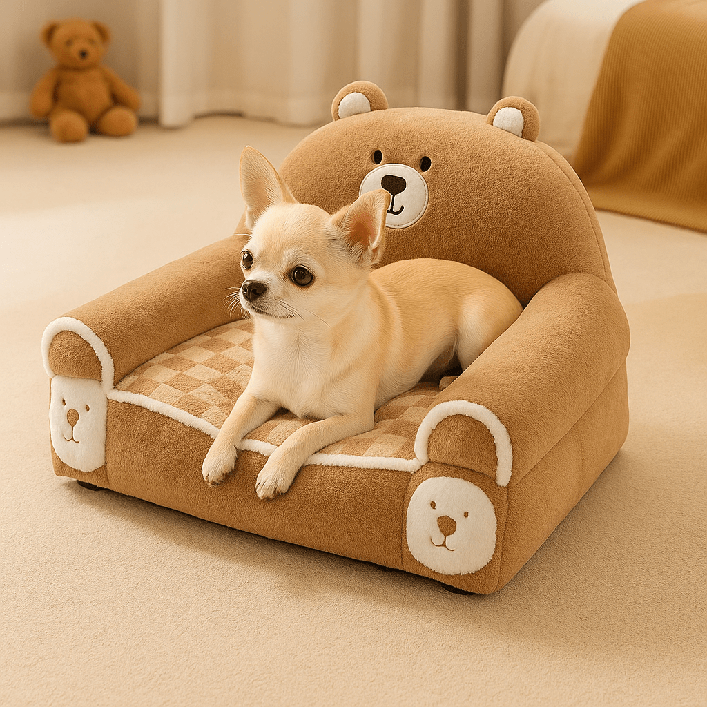 Fauteuils-pour-chiens-lavable en machine-anti-poils-rembourrage 100% coton haute densité ergonomique avec dossier et accoudoirs cylindriques entourant et sécurisant-antidérapant-design mignon animaux pour chien toy et de petite taille-un chien de race naine couché confortablement sur son fauteuil marron douillet dans la chambre de l'appartement