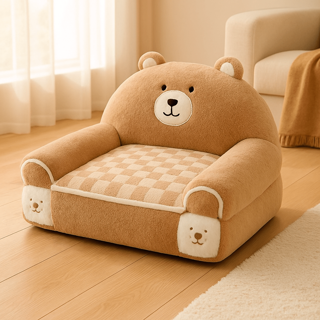 Fauteuils-pour-chiens-lavable en machine-anti-poils-rembourrage 100% coton haute densité ergonomique avec dossier et accoudoirs cylindriques entourant et sécurisant-antidérapant-design mignon animaux pour chien toy et de petite taille-marron en forme d'ours