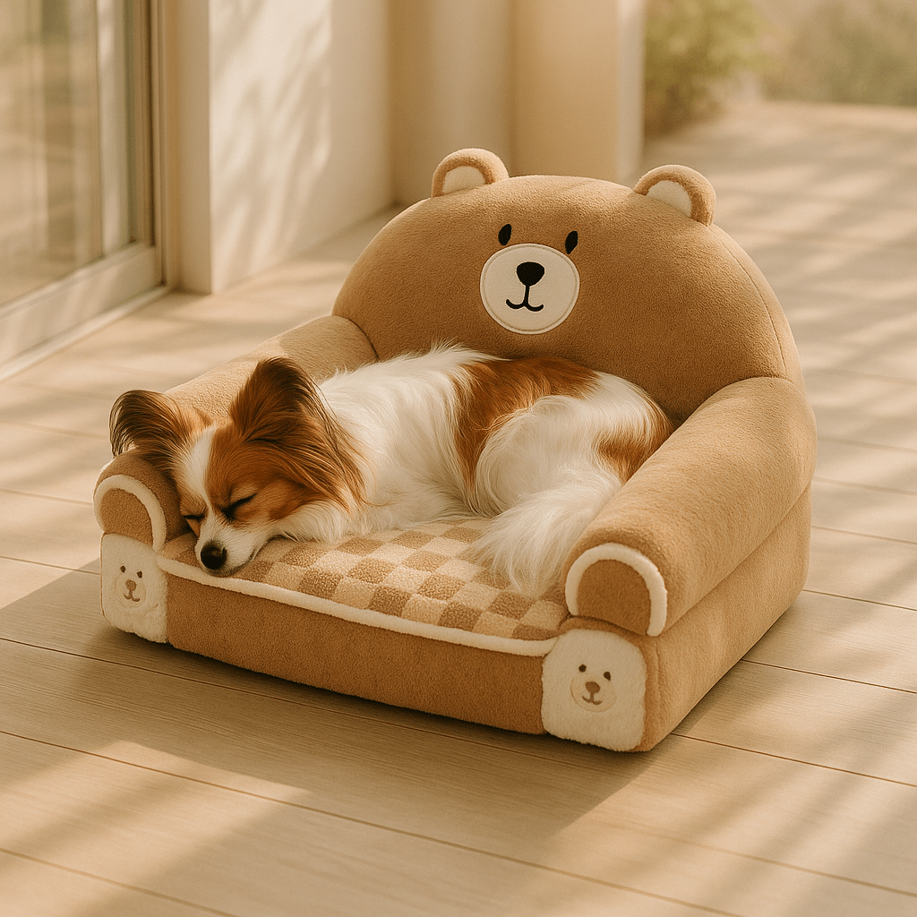 Fauteuils-pour-chiens-lavable en machine-anti-poils-rembourrage 100% coton haute densité ergonomique avec dossier et accoudoirs cylindriques entourant et sécurisant-antidérapant-design mignon animaux pour chien toy et de petite taille-un chien de race toy qui dort paisiblement sur son fauteuil marron douillet sur la terrasse de la maison