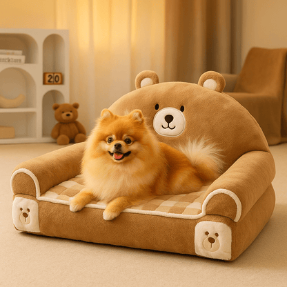 Fauteuils-pour-chiens-lavable en machine-anti-poils-rembourrage 100% coton haute densité ergonomique avec dossier et accoudoirs cylindriques entourant et sécurisant-antidérapant-design mignon animaux pour chien toy et de petite taille-un petit chien à poils longs roux couché confortablement sur son fauteuil marron douillet dans la chambre de l'appartement