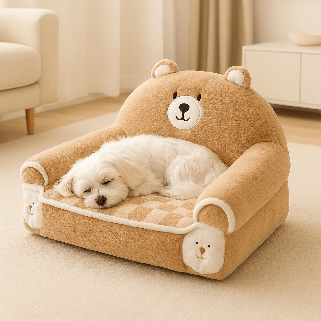 Fauteuils-pour-chiens-lavable en machine-anti-poils-rembourrage 100% coton haute densité ergonomique avec dossier et accoudoirs cylindriques entourant et sécurisant-antidérapant-design mignon animaux pour chien toy et de petite taille-un petit chien blanc qui dort paisiblement sur son fauteuil marron douillet dans le salon de l'appartement