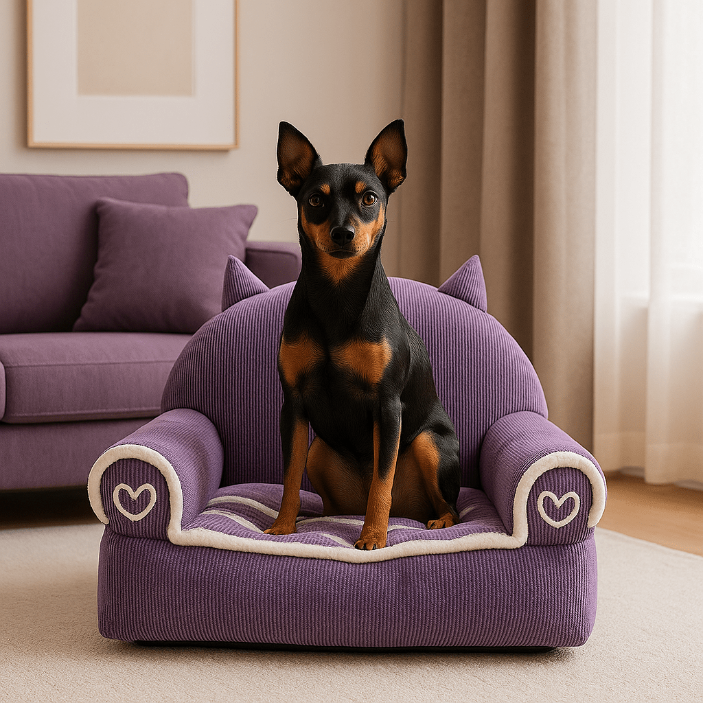 Fauteuils-pour-chiens-lavable en machine-anti-poils-rembourrage 100% coton haute densité ergonomique avec dossier et accoudoirs cylindriques entourant et sécurisant-antidérapant-design mignon animaux pour chien toy et de petite taille-un petit chien assis confortablement sur son petit fauteuil violet design dans le salon de la maison