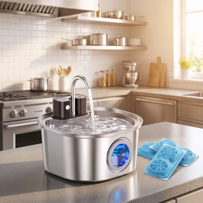 Fontaine-à-eau-chien-distributeur-automatique-inox 304D avec robinet verseur, avec batterie longue durée, rechargeable par USB, sans fil transportable, capacité de 3,2 litres, avec capteur de mouvement, 3 programmes : eau en continue, intermitence ou automatique avec filtre à 3 niveaux (charbon, coton, ions et éponge) design hublot sur le devant pour voir le niveau d'eau-gros plan sur la fontaine à eau automatique pour chiot et chien de petite à moyenne taille sur le plan de la cuisine avec ses 3 filtres