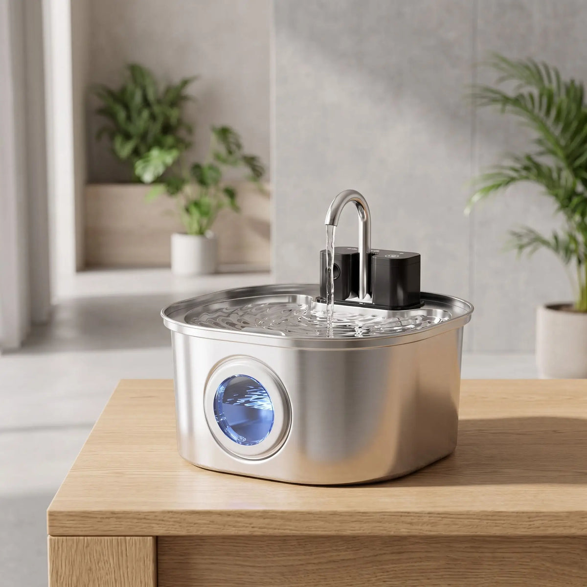 Fontaine-à-eau-chien-distributeur-automatique-inox 304D avec robinet verseur, avec batterie longue durée, rechargeable par USB, sans fil transportable, capacité de 3,2 litres, avec capteur de mouvement, 3 programmes : eau en continue, intermitence ou automatique avec filtre à 3 niveaux (charbon, coton, ions et éponge) design hublot sur le devant pour voir le niveau d'eau-gros plan sur la fontaine à eau automatique pour chiot et chien de petite à moyenne taille d'une capacité de 3,2 litres, transportable