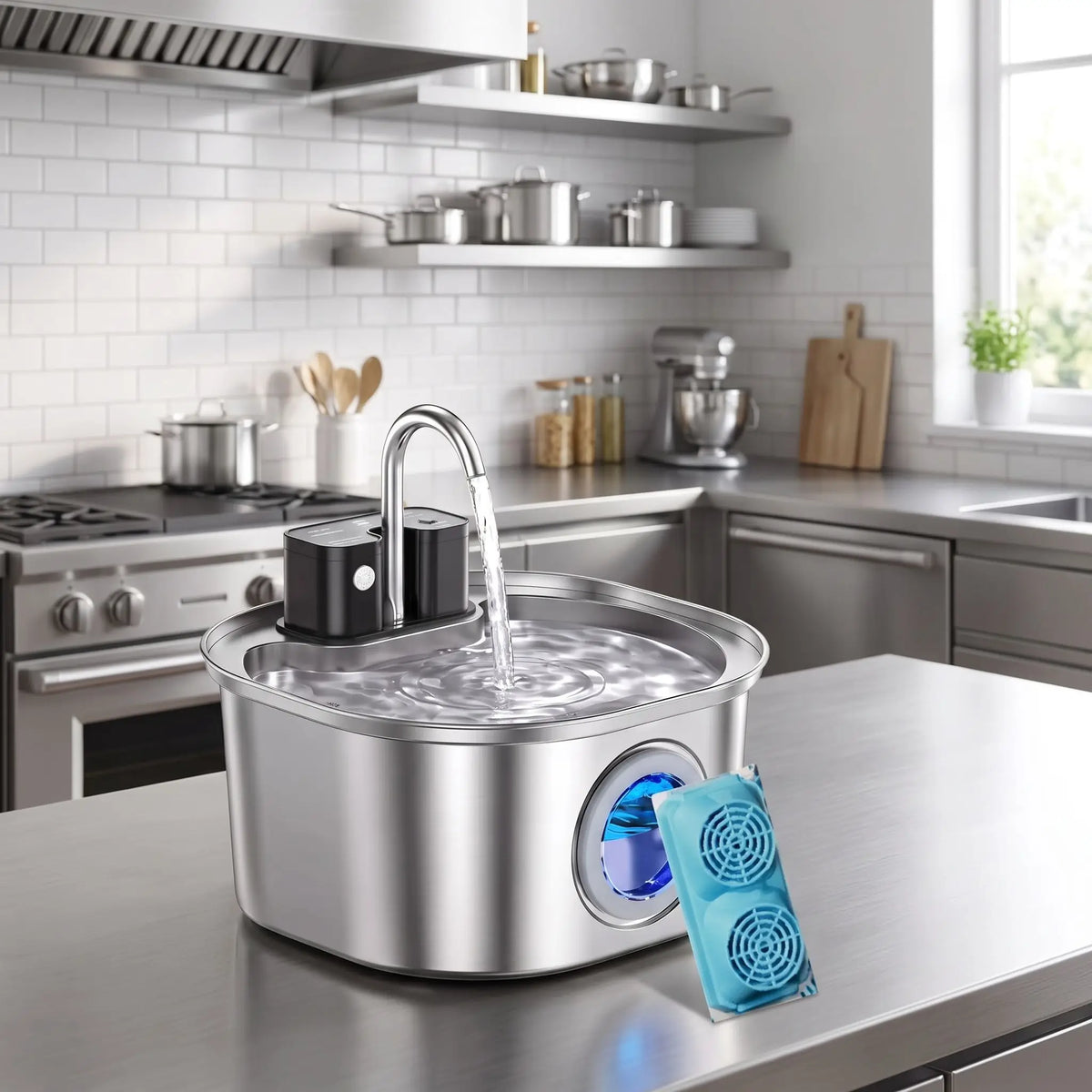 Fontaine-à-eau-chien-distributeur-automatique-inox 304D avec robinet verseur, avec batterie longue durée, rechargeable par USB, sans fil transportable, capacité de 3,2 litres, avec capteur de mouvement, 3 programmes : eau en continue, intermitence ou automatique avec filtre à 3 niveaux (charbon, coton, ions et éponge) design hublot sur le devant pour voir le niveau d'eau-gros plan sur la fontaine à eau automatique pour chiot et chien de petite à moyenne taille sur le plan de la cuisine en inox avec 1 filtre