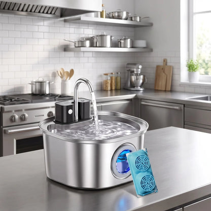 Fontaine-à-eau-chien-distributeur-automatique-inox 304D avec robinet verseur, avec batterie longue durée, rechargeable par USB, sans fil transportable, capacité de 3,2 litres, avec capteur de mouvement, 3 programmes : eau en continue, intermitence ou automatique avec filtre à 3 niveaux (charbon, coton, ions et éponge) design hublot sur le devant pour voir le niveau d'eau-gros plan sur la fontaine à eau automatique pour chiot et chien de petite à moyenne taille sur le plan de la cuisine en inox avec 1 filtre