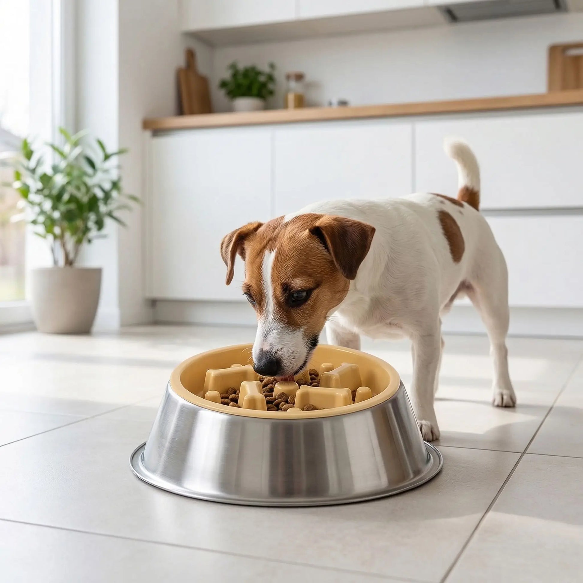 Gamelle-anti-glouton-chien-chiot-plastique robuste, saéns BPA, lavable en lave-vaiselle, avec design os en labyrinthe pour le ralentissement d'alimentation pour éviter la torsion de l'estomac, les vomissements, éternuments et facilite la digestion- un Jack russell qui mange doucement dans sa gamelle anti glouton placé dans sa gamelle inox sur le sol de la cuisine