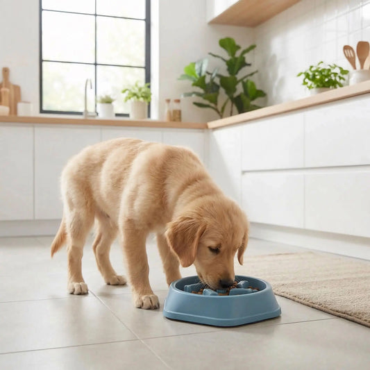 Gamelle-anti-glouton-chien-chiot-plastique robuste, sans BPA, lavable en lave-vaiselle, avec design os en labyrinthe pour le ralentissement d'alimentation pour éviter la torsion de l'estomac, les vomissements, éternuments et facilite la digestion- un chiot qui mange doucement dans sa gamelle anti glouton placé dans sa gamelle inox sur le sol de la cuisine