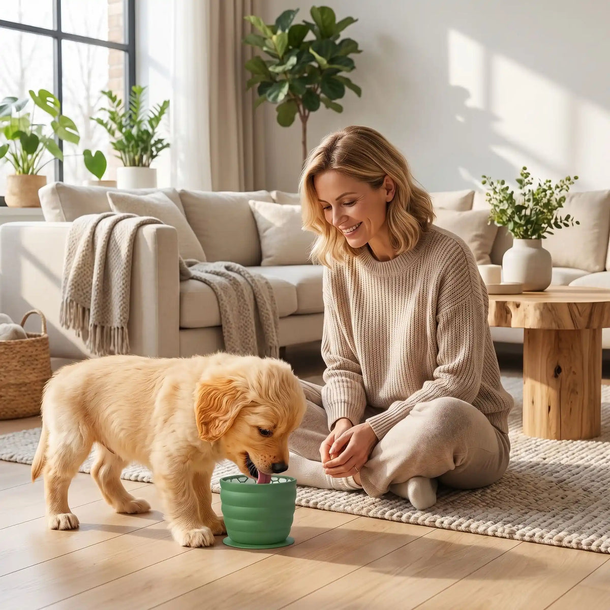 Gamelle-anti-glouton-chien-léchage-en silicone de qualtié alimentaire sans BPA, intérieur conception nid d'abeille avec ventouse intégrale ultra robuste pour le coller partout (mur, sol)  forme haute, idéal pour les races à longues oreilles, compatible lave-vaisselle, firgo et congélateur pour des préparations à lécher diverses, S et L pour chiot et chien de toute race, contenance de 550ml à 1 litre-un chiot qui lèche avec plaisir la gamelle anti-glouton tartiner de fromage collé par ventouse au sol en bois