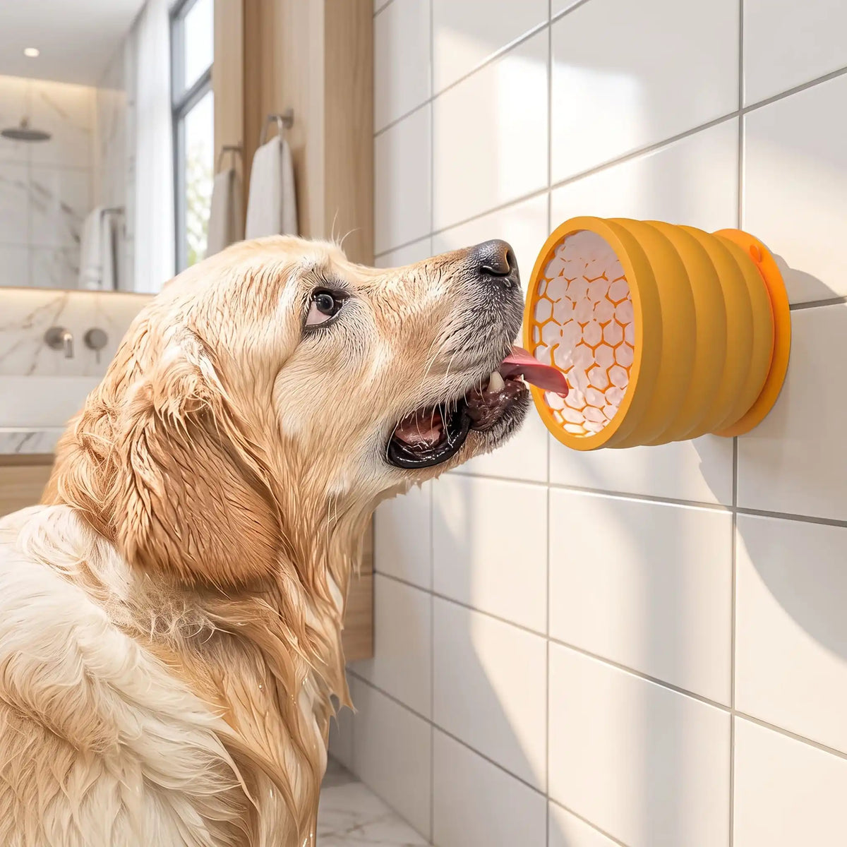 Gamelle-anti-glouton-chien-léchage-en silicone de qualtié alimentaire sans BPA, intérieur conception nid d'abeille avec ventouse intégrale ultra robuste pour le coller partout (mur, sol)  forme haute, idéal pour les races à longues oreilles, compatible lave-vaisselle, firgo et congélateur pour des préparations à lécher diverses, S et L pour chiot et chien , contenance de 550ml à 1 litre-un chien de race moyenne qui lèche la gamelle anti-glouton  collé par ventouse au carrelage de la douche pendant ses soins