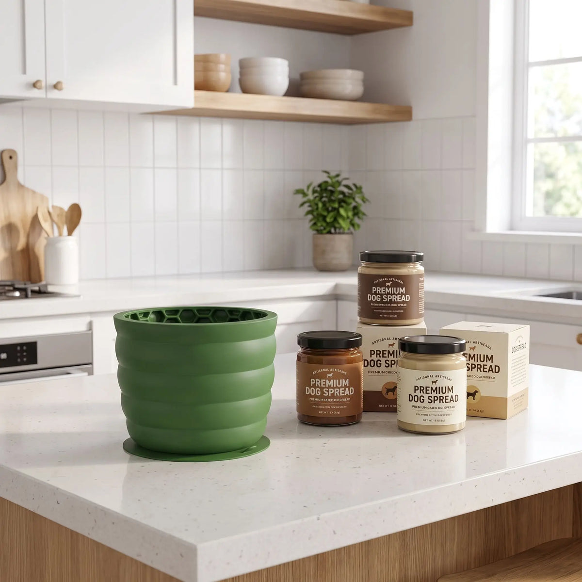 Gamelle-anti-glouton-chien-léchage-en silicone de qualtié alimentaire sans BPA, intérieur conception nid d'abeille avec ventouse intégrale ultra robuste pour le coller partout (mur, sol)  forme haute, idéal pour les races à longues oreilles, compatible lave-vaisselle, firgo et congélateur pour des préparations à lécher diverses, 2 taille S et L pour chiot et chien , contenance de 550ml à 1 litre-gros plan sur la gamelle anti-glouton vert à côté de boite de pâté à tartiner pour chien dans la cuisine