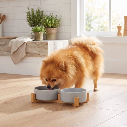 Gamelle-céramique-pour-chien et chiot double-compatible-lave-vaisselle avec son support anti renversement en bambou naturel, 2 gamelles d'une contenance de 350ml chacune soit 700ml au total pour chiot et chien de petite taille de 0 à 6 kilos, disponible en 3 coloris : noir, rose et gris, garanti sans produits toxiques ou chimiques et de qualité alimentaire, robuste et design- un chien de race miniature qui boit confortablement dans sa gamelle double surélevée par le support en bois sur le sol en parquet 