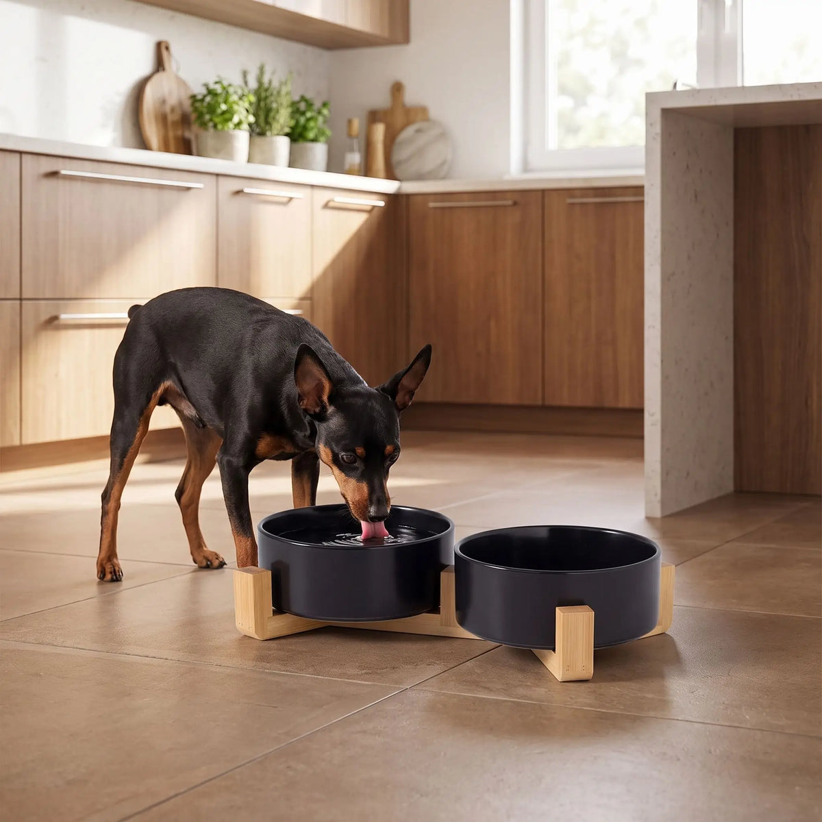 Gamelle-céramique-pour-chien et chiot double-compatible-lave-vaisselle avec son support anti renversement en bambou naturel, 2 gamelles d'une contenance de 350ml chacune soit 700ml au total pour chiot et chien de petite taille de 0 à 6 kilos, disponible en 3 coloris : noir, rose et gris, garanti sans produits toxiques ou chimiques et de qualité alimentaire, robuste et design- un chien de race naine qui boit confortablement dans sa gamelle double surélevée par le support en bois sur le sol en parquet 