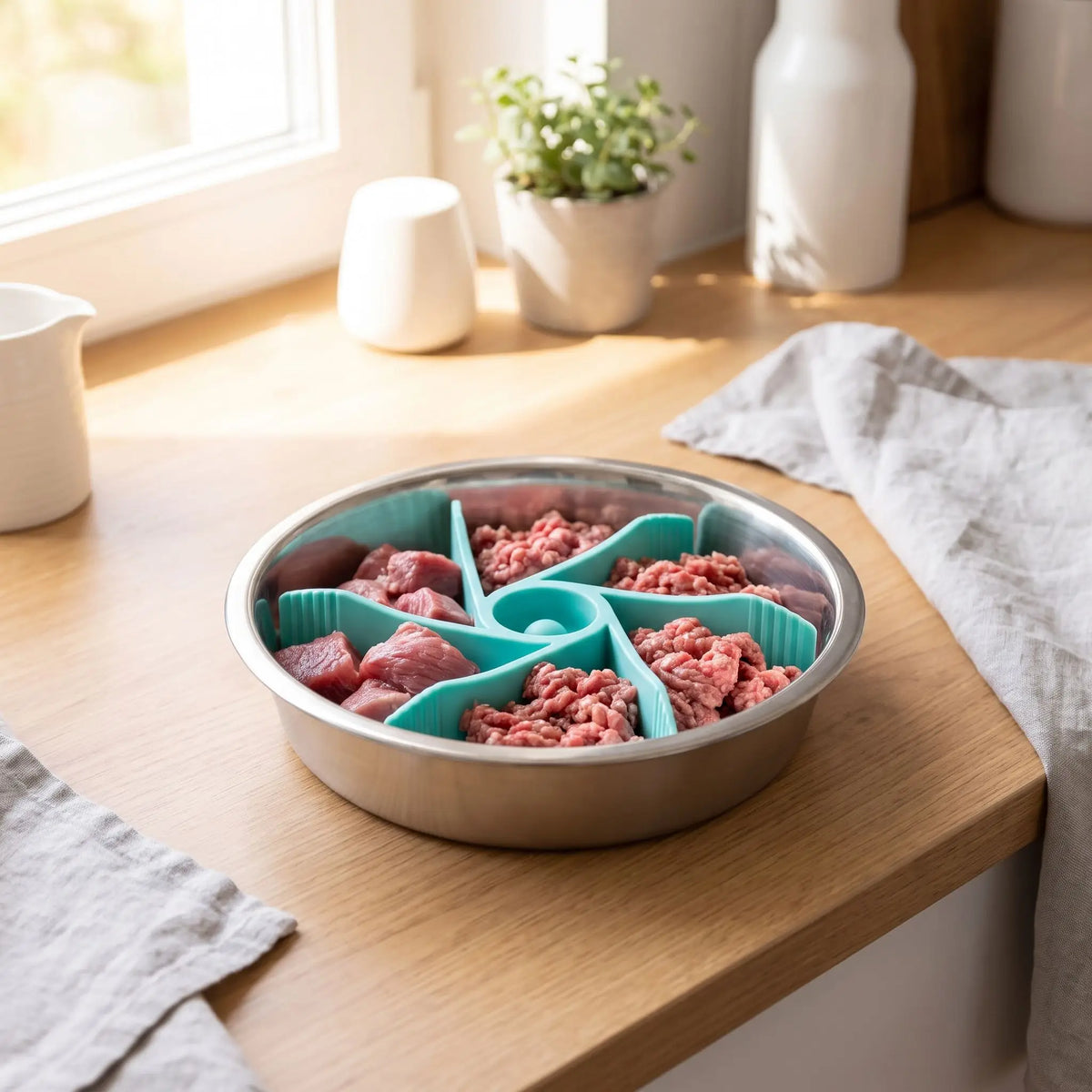 Gamelle-chien-anti-glouton-chiot-insert, adaptable à tous type de gamelle (grande, moyenne et petite) pour toute races de chiens, silicone alimentaire robuste, sans BPA, support avec 19 ventouses pour fixer l'insert dans le fond de la gamelle, labyrinthe pour ralentir l'ingestion trop rapide, diamètre réglable de 11 cm à 18 cm-gros plan sur l'insert anti glouton en forme de labyrinthe pour ralentir l'alimentation canine de couleur turquoise dans la gamelle en céramique contenant du BARF