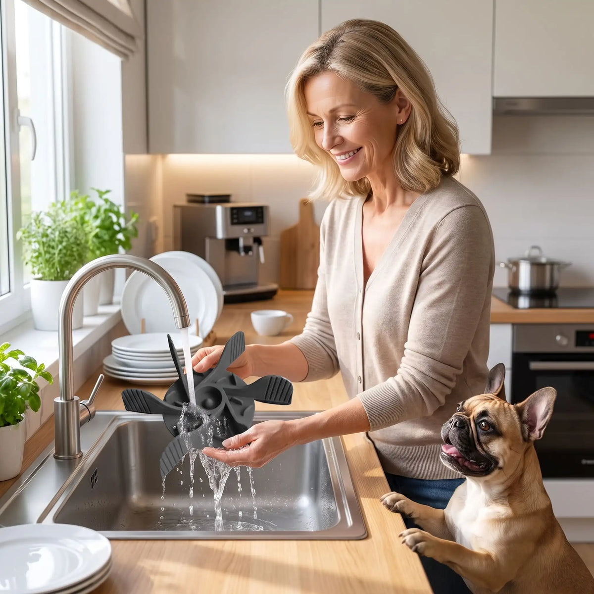 Gamelle-chien-anti-glouton-chiot-insert, adaptable à tous type de gamelle (grande, moyenne et petite) pour toute races de chiens, silicone alimentaire robuste, sans BPA, support avec 19 ventouses pour fixer l'insert dans le fond de la gamelle, labyrinthe pour ralentir l'ingestion trop rapide, diamètre réglable de 11 cm à 18 cm-une maitresse d'in bouledogue français glouton qui lave l'insert anti glouton sous l'eau après utilisation pour le mettre dans le lave vaisselle ensuite