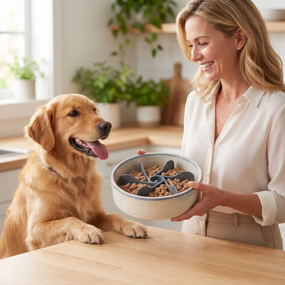 Gamelle-chien-anti-glouton-chiot-insert, adaptable à tous type de gamelle (grande, moyenne et petite) pour toute races de chiens, silicone alimentaire robuste, sans BPA, support avec 19 ventouses pour fixer l'insert dans le fond de la gamelle, labyrinthe pour ralentir l'ingestion trop rapide, diamètre réglable de 11 cm à 18 cm-une maitresse qui a préparer de la nourriture humide dans la gamelle de son grand chien anxieux et qui protège ses ressources avec l'insert antiglouton à l'intérieur 