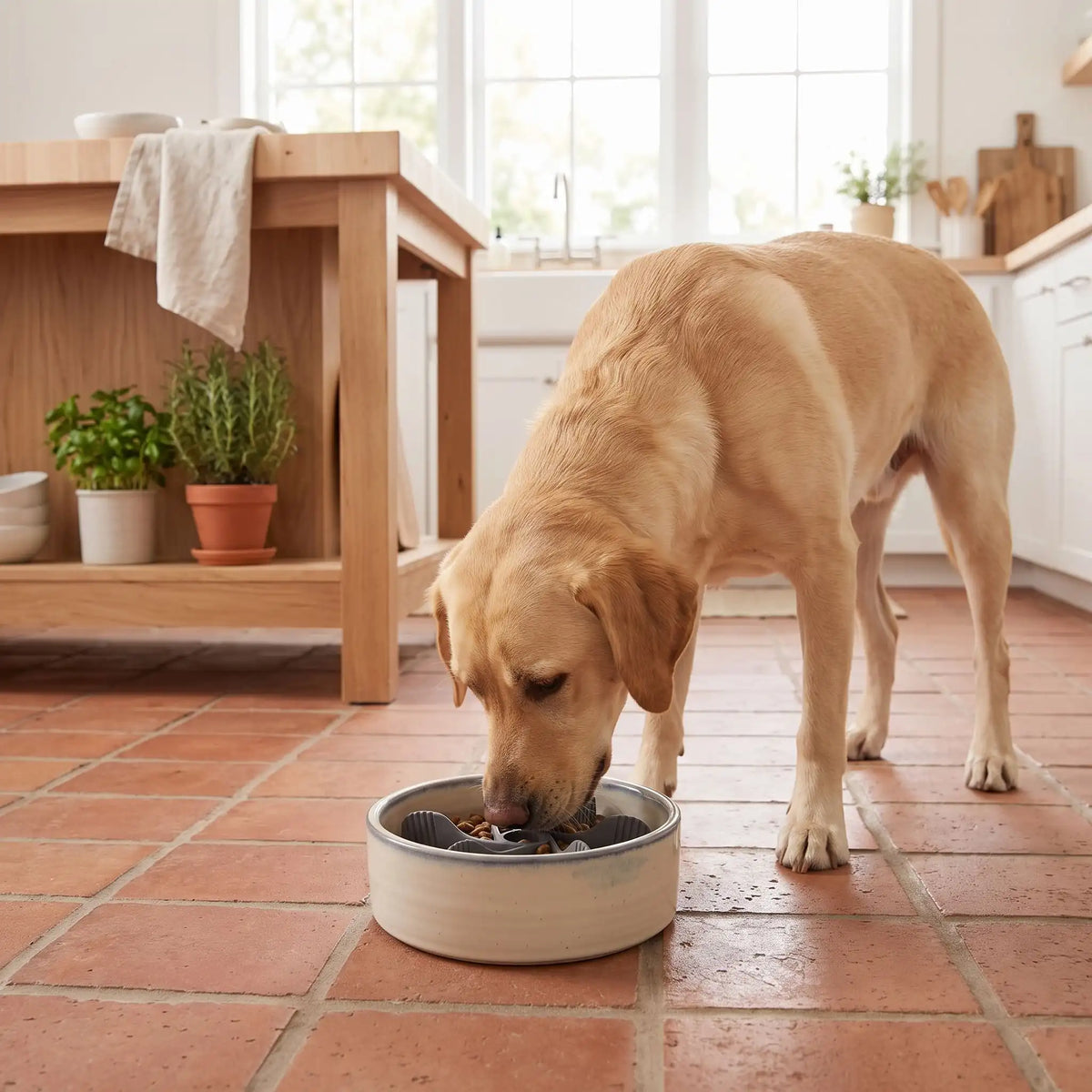 Gamelle-chien-anti-glouton-chiot-insert, adaptable à tous type de gamelle (grande, moyenne et petite) pour toute races de chiens, silicone alimentaire robuste, sans BPA, support avec 19 ventouses pour fixer l'insert dans le fond de la gamelle, labyrinthe pour ralentir l'ingestion trop rapide, diamètre réglable de 11 cm à 18 cm-un grand chien qui mange confortablement sans s'étouffer, ni vomir dans sa gamelle avec son insert anti glouton sur le sol de la cuisine de la maison