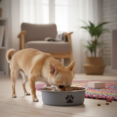 Gamelle chien, chiot, inox 304-3-tailles robuste et indéformable p design hygiénique, lavable en lave-vaisselle avec son fond antidérapant en silicone pour une stabilité à toute épreuve, anti renversement, anti éclaboussures, design noir avec patte de chien, en rose, bleu ou gris disponible en 3 tailles 250/500/1000 ml pour race de chiot ou chien de petite, moyenne, grande taille-un chien toy qui mange confortablement dans sa gamelle grise hygiénique avec son fond 100% antidérapant sur le sol du salon
