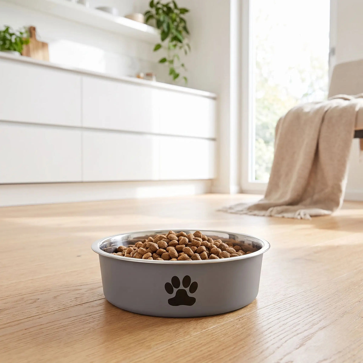 Gamelle chien, chiot, inox 304-3-tailles robuste et indéformable p design hygiénique, lavable en lave-vaisselle avec son fond antidérapant en silicone pour une stabilité à toute épreuve, anti renversement, anti éclaboussures, design noir avec patte de chien, en rose, bleu ou gris disponible en 3 tailles 250/500/1000 ml pour race de chiot ou chien de petite, moyenne, grande taille-gros plan sur la gamelle grise hygiénique avec son fond 100% antidérapant sur le sol en parquet du salon
