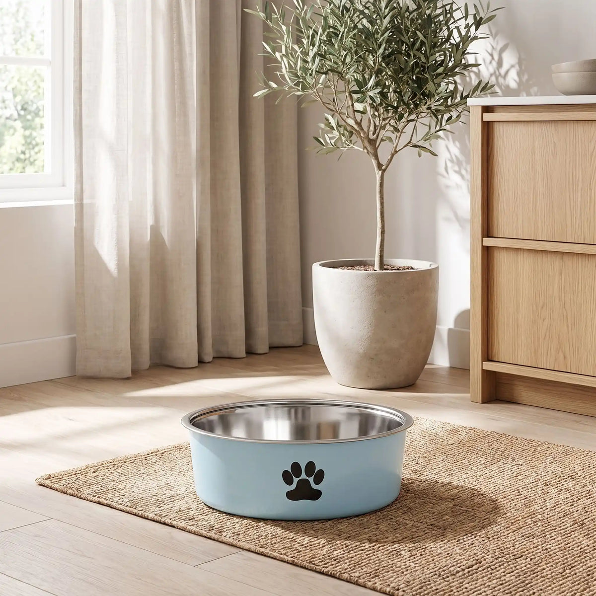 Gamelle chien, chiot, inox 304-3-tailles robuste et indéformable p design hygiénique, lavable en lave-vaisselle avec son fond antidérapant en silicone pour une stabilité à toute épreuve, anti renversement, anti éclaboussures, design noir avec patte de chien, en rose, bleu ou gris disponible en 3 tailles 250/500/1000 ml pour race de chiot ou chien de petite, moyenne, grande taille-gros plan sur la gamelle bleue hygiénique avec son fond 100% antidérapant et son design patte de chien sur le sol du salon