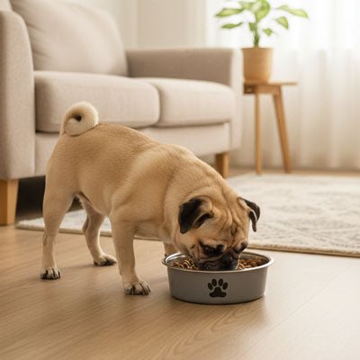 Gamelle chien, chiot, inox 304-3-tailles robuste et indéformable p design hygiénique, lavable en lave-vaisselle avec son fond antidérapant en silicone pour une stabilité à toute épreuve, anti renversement, anti éclaboussures, design noir avec patte de chien, en rose, bleu ou gris disponible en 3 tailles 250/500/1000 ml pour race de chiot ou chien de petite, moyenne, grande taille-un chien moyen qui mange confortablement dans sa gamelle grise hygiénique avec son fond 100% antidérapant sur le sol du salon